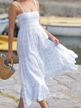 Zara Embroidered Smocked Midi Dress NWOT Size L